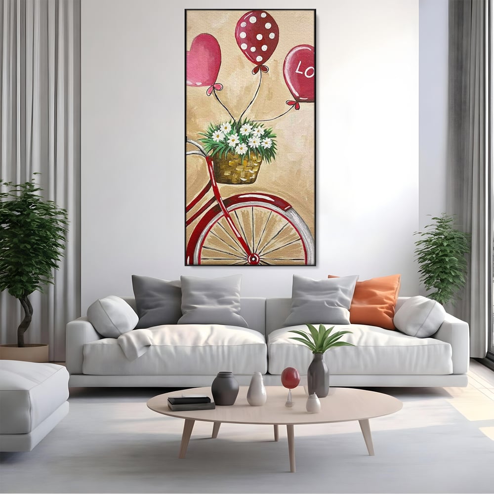 Tablou canvas cu pictura cu bicicleta vintage si baloane, in rama de aluminiu negru, pe perete intr-un living